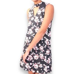 Sleeveless Mock Collar Cut-Out Black Floral Above Knee Dress NEW